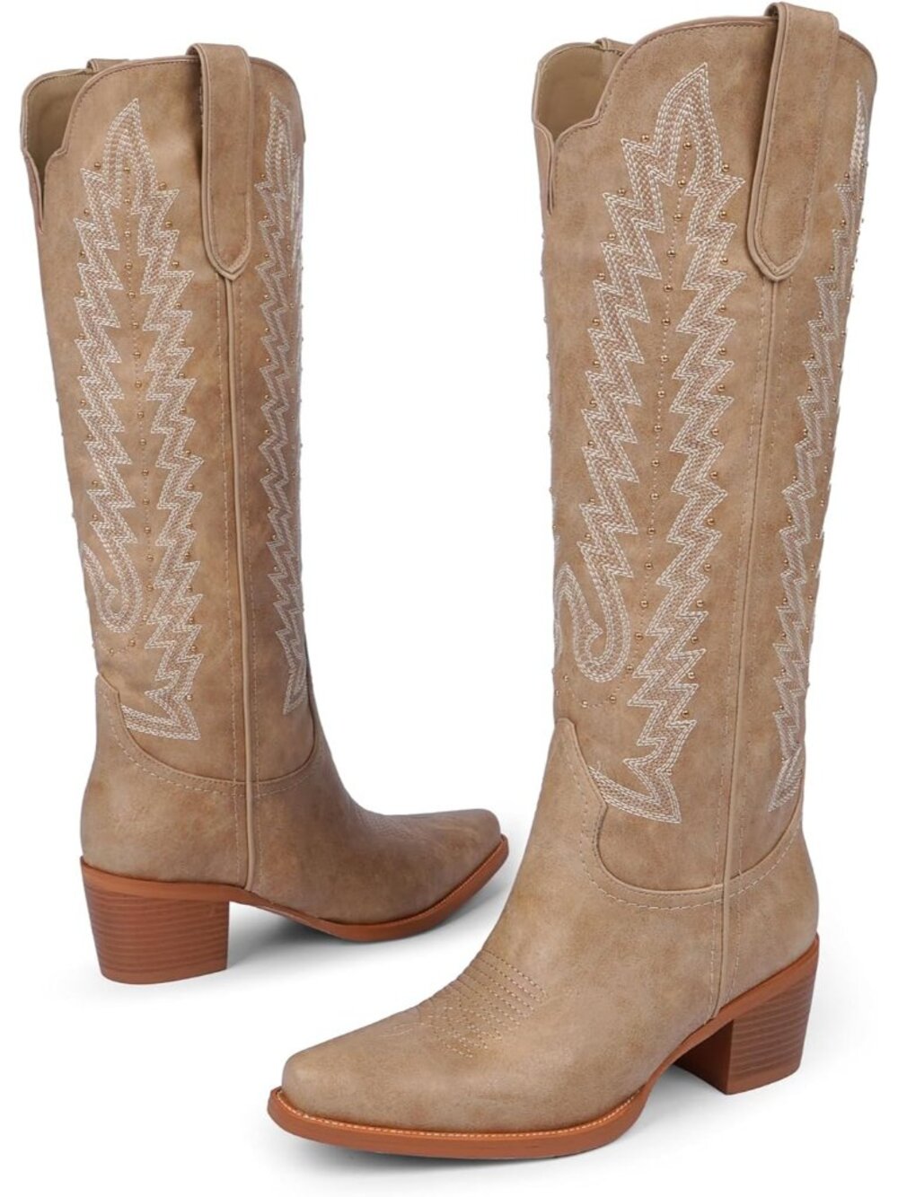 Women's Light Khaki Knee High Cowboy Boots 2.2 Inch Chunky Heel Pointed Toe - Picture 6 of 6